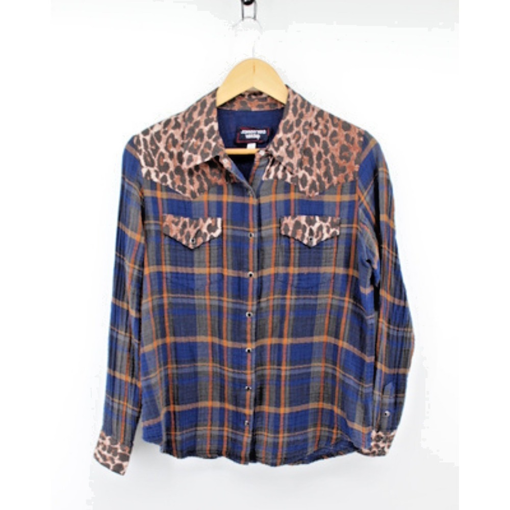 Johnny Was Workshop Plaid Leopard Mix Shirt Small Boho Western Button Up Cotton - Picture 1 of 6